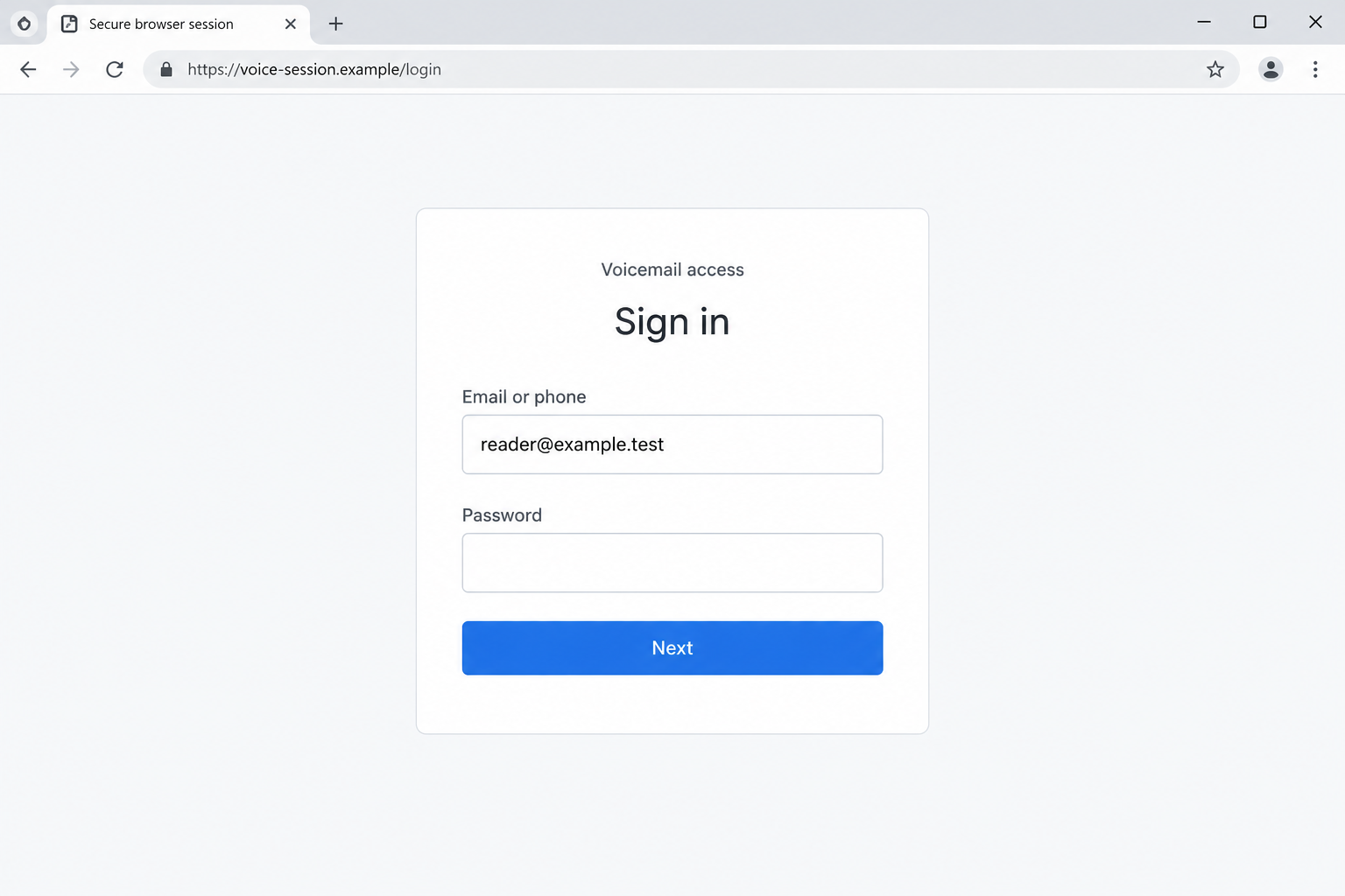 Illustrative voicemail sign-in page with Secure browser session tab and an unfamiliar example address