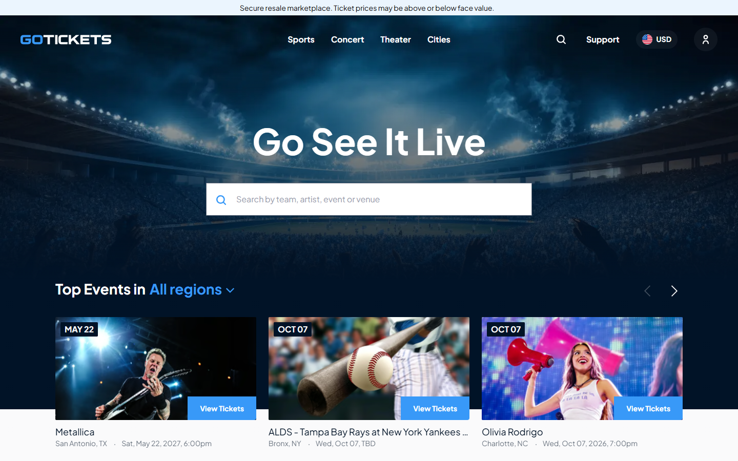 GoTickets homepage showing its secure resale marketplace disclosure above event listings