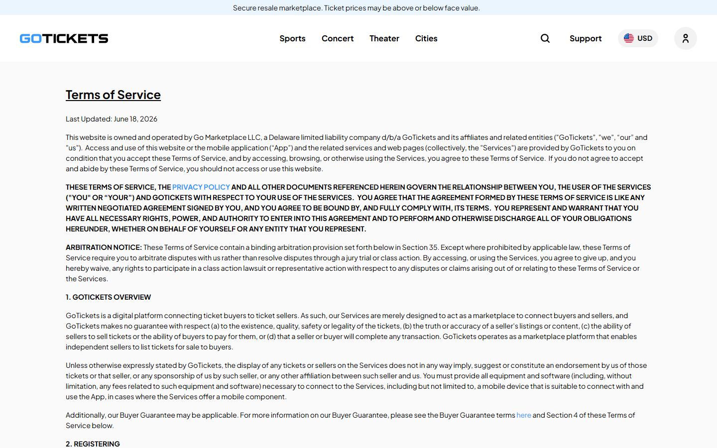 GoTickets terms page identifying the company as a ticket marketplace