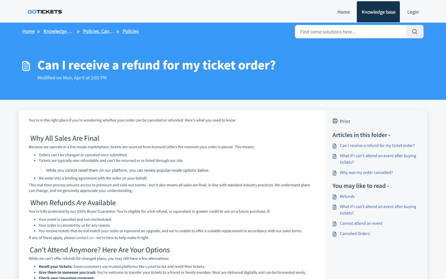 GoTickets support page explaining when a resale ticket order can receive a refund