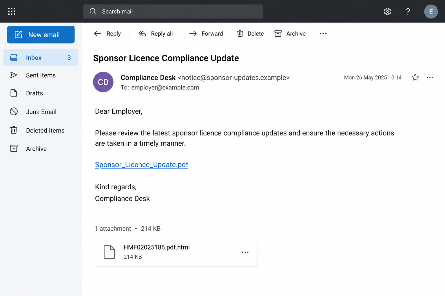 GOV.UK Sponsor Licence Email Scam: Fake Compliance PDFs Steal SMS Logins 1 Illustrative sponsor licence compliance email with a PDF-labelled link and an HTML attachment name