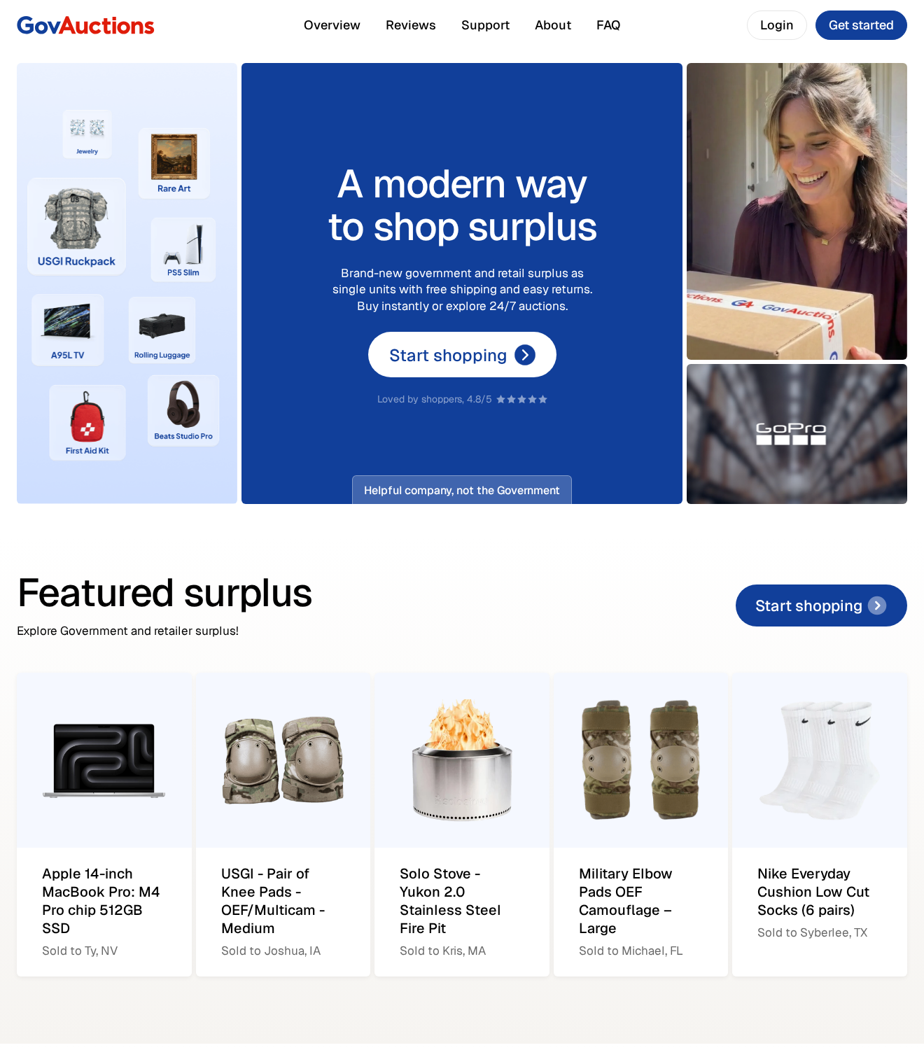 GovAuctions homepage advertising government and retail surplus with free shipping