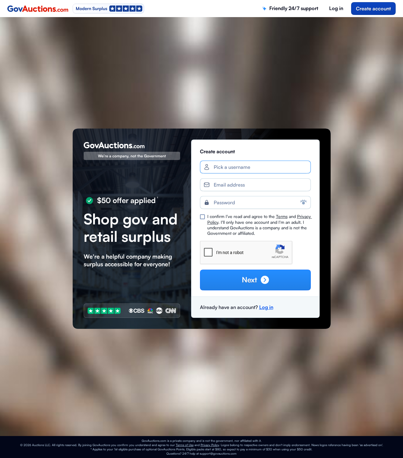 GovAuctions signup offer showing a $50 Point Pack credit and private-company disclaimer