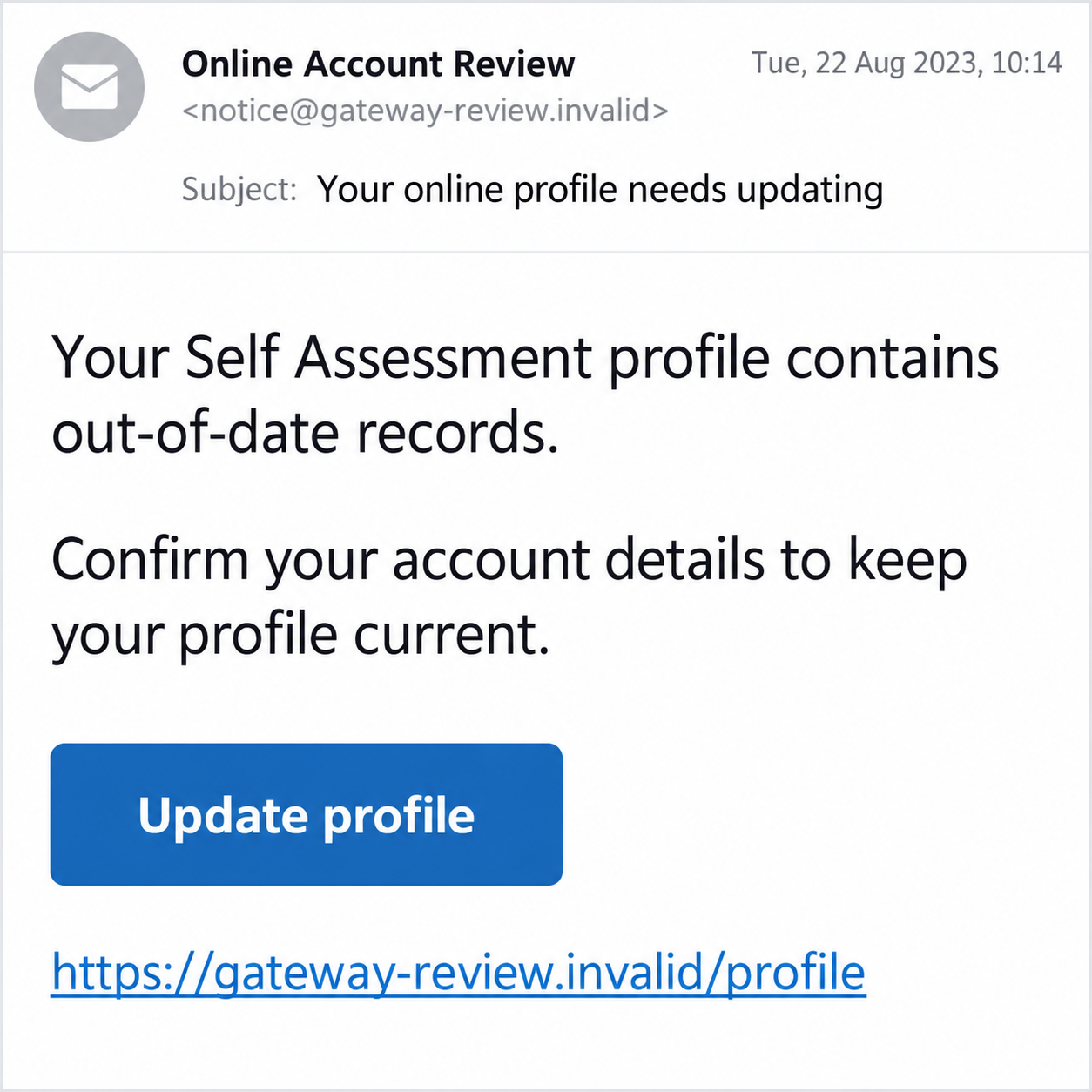 Illustrative fictional historical profile-update email directing the reader to a sample Government Gateway review link