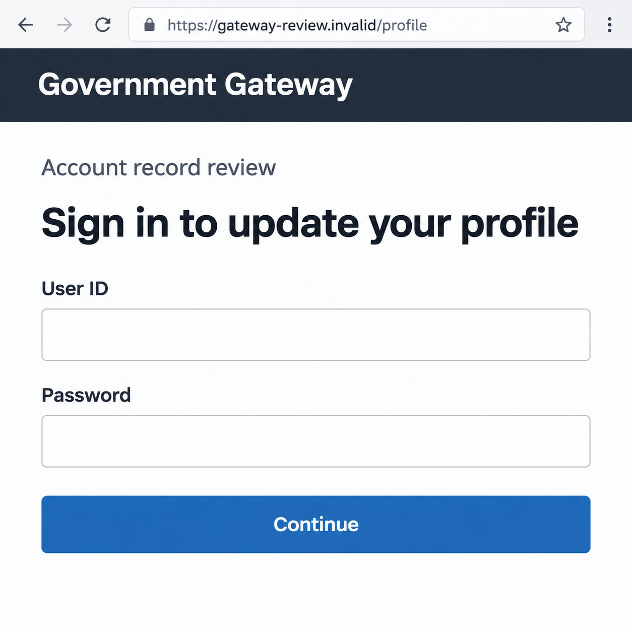 Illustrative fictional Government Gateway profile-review sign-in page asking for a user ID and password
