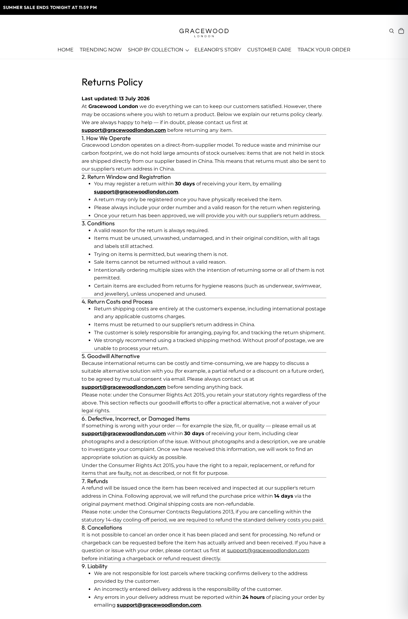 Gracewood London return policy showing valid-reason requirements, China return shipping and cancellation conditions