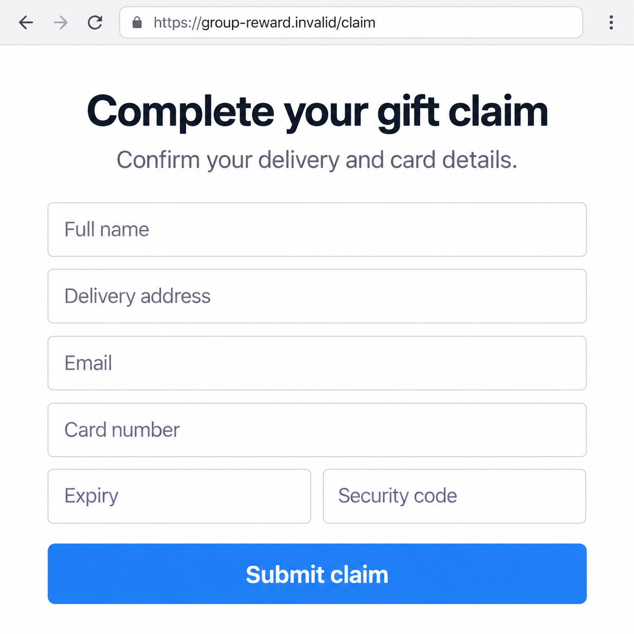 GroupMe Love Scam: The Free iPad Pro Survey That Asks for Your Card Details 2 Illustrative fictional gift-claim page combining delivery information with empty card-number, expiry, and security-code fields