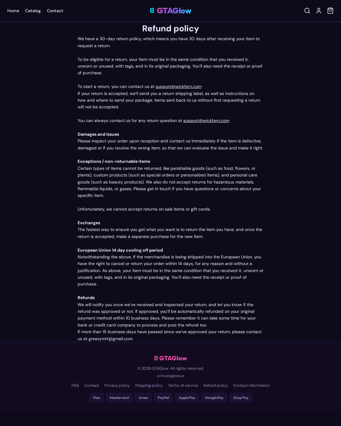 GTAGlow refund policy naming WickFern support and excluding sale items from returns
