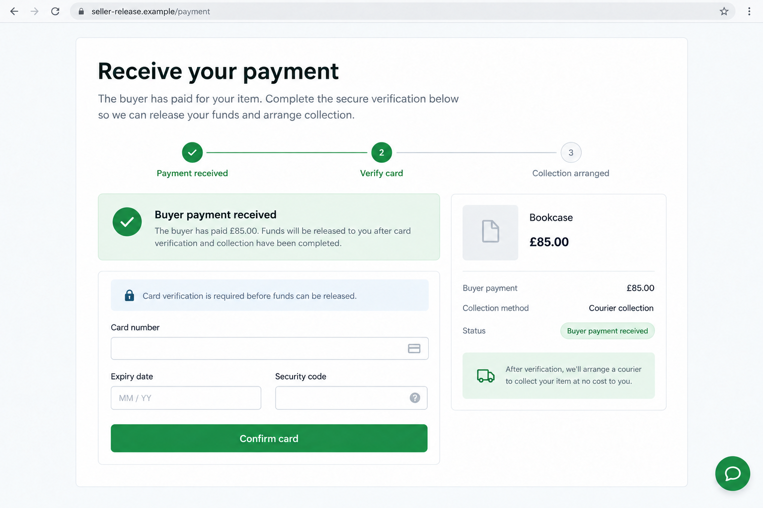 Gumtree Courier Scam: The Payment Link That Asks Sellers for Card Details 2 Illustrative fictional courier payout page asking the seller for card details