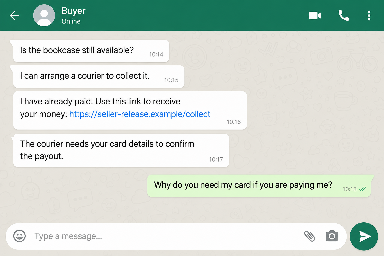 Gumtree Courier Scam: The Payment Link That Asks Sellers for Card Details 1 Illustrative fictional buyer messages directing a seller to a courier payment link
