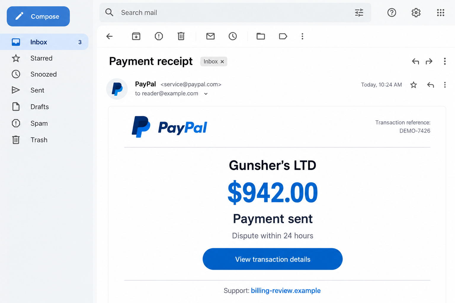 Gunshers Ltd PayPal Scam: The $942 Receipt Hiding a Fake Refund Helpline 1 Fictional illustration of a Gunshers Ltd PayPal scam receipt showing a $942 claim and a nonfunctional support address