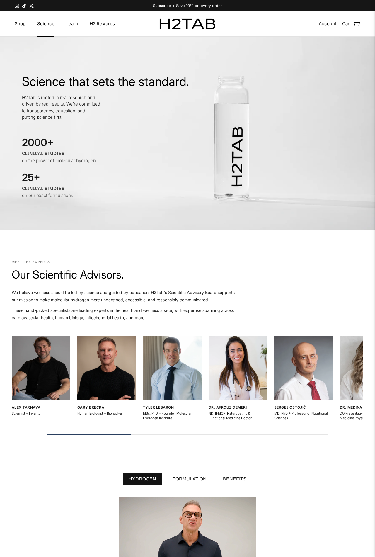 H2Tab science page advertising clinical study counts and exact-formulation research