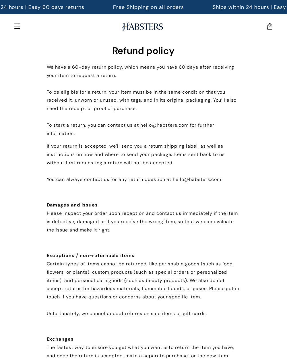 Habsters refund policy with unused-item requirements and return exclusions