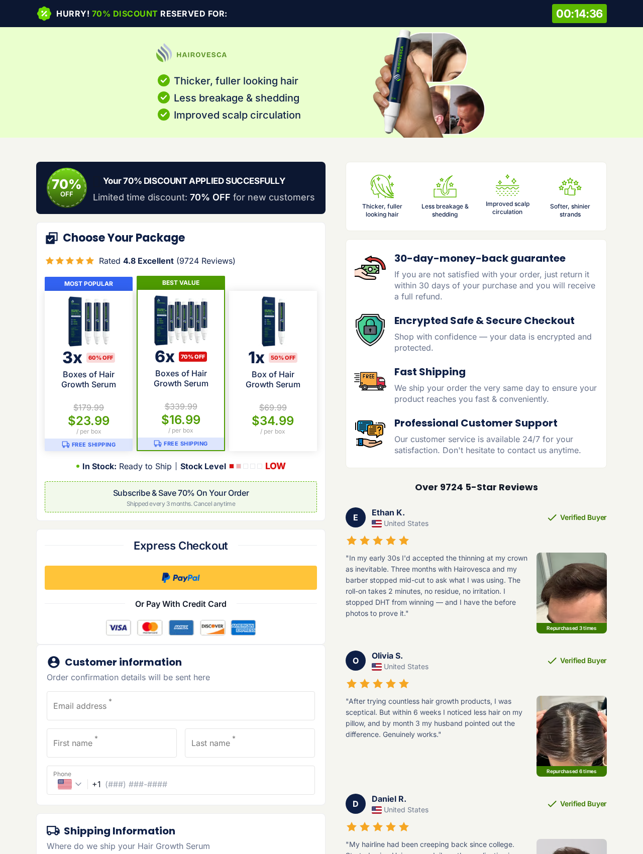 Hairovesca EXPOSED: Hair Regrowth Claims, Refills and Return Restrictions 2 Hairovesca US checkout showing multiple package sizes and a recurring shipment offer