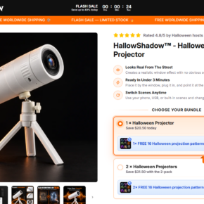 HallowShadow Halloween window projector product page showing the device, sale price and bundle choices