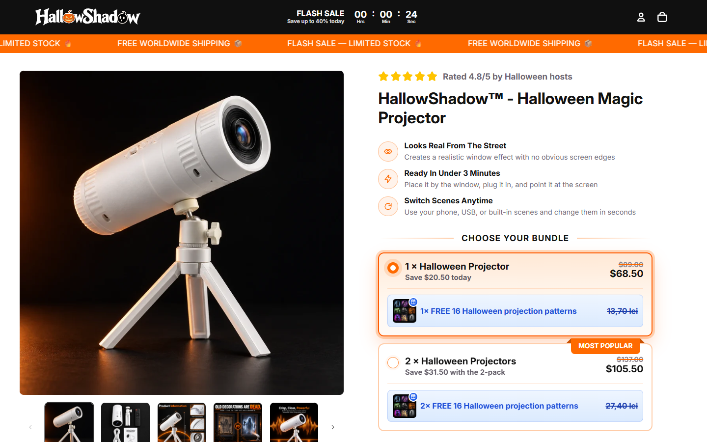 HallowShadow Projector Review: Flash Sale Claims, Reviews and Return Terms 1 HallowShadow Halloween window projector product page showing the device, sale price and bundle choices