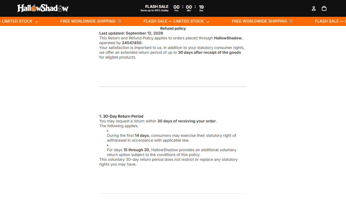 HallowShadow Projector Review: Flash Sale Claims, Reviews and Return Terms 3 HallowShadow refund policy describing EU withdrawal rights and conditional returns through day 30