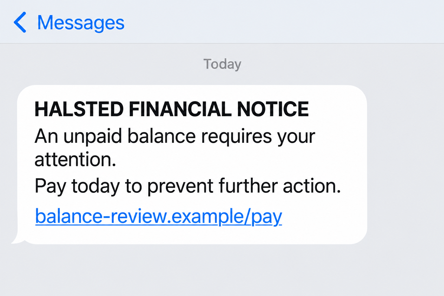 Fictional Halsted Financial impersonation text with a payment demand and a nonfunctional example link