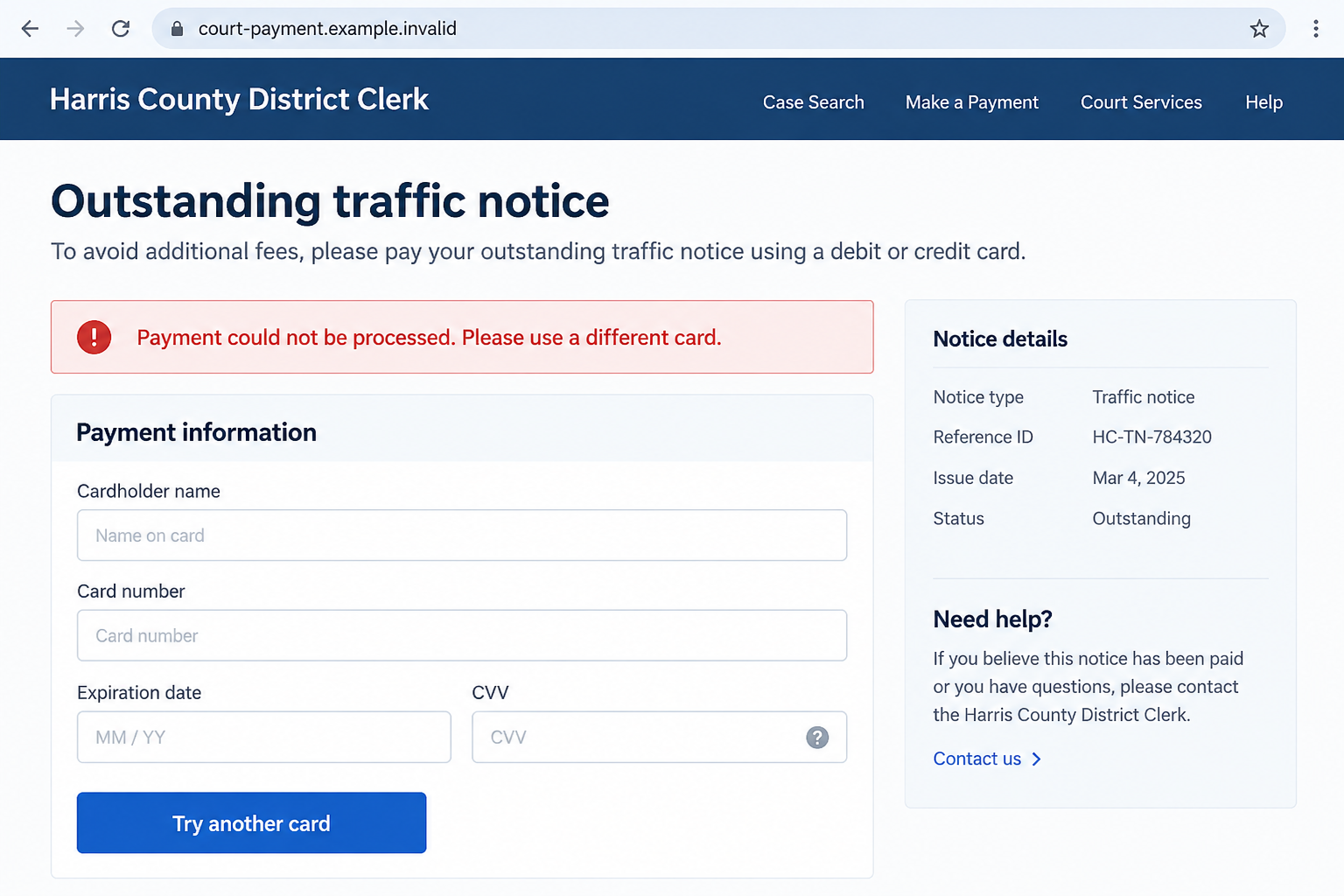 Illustrative fake Harris County payment page asking for another card after a processing error