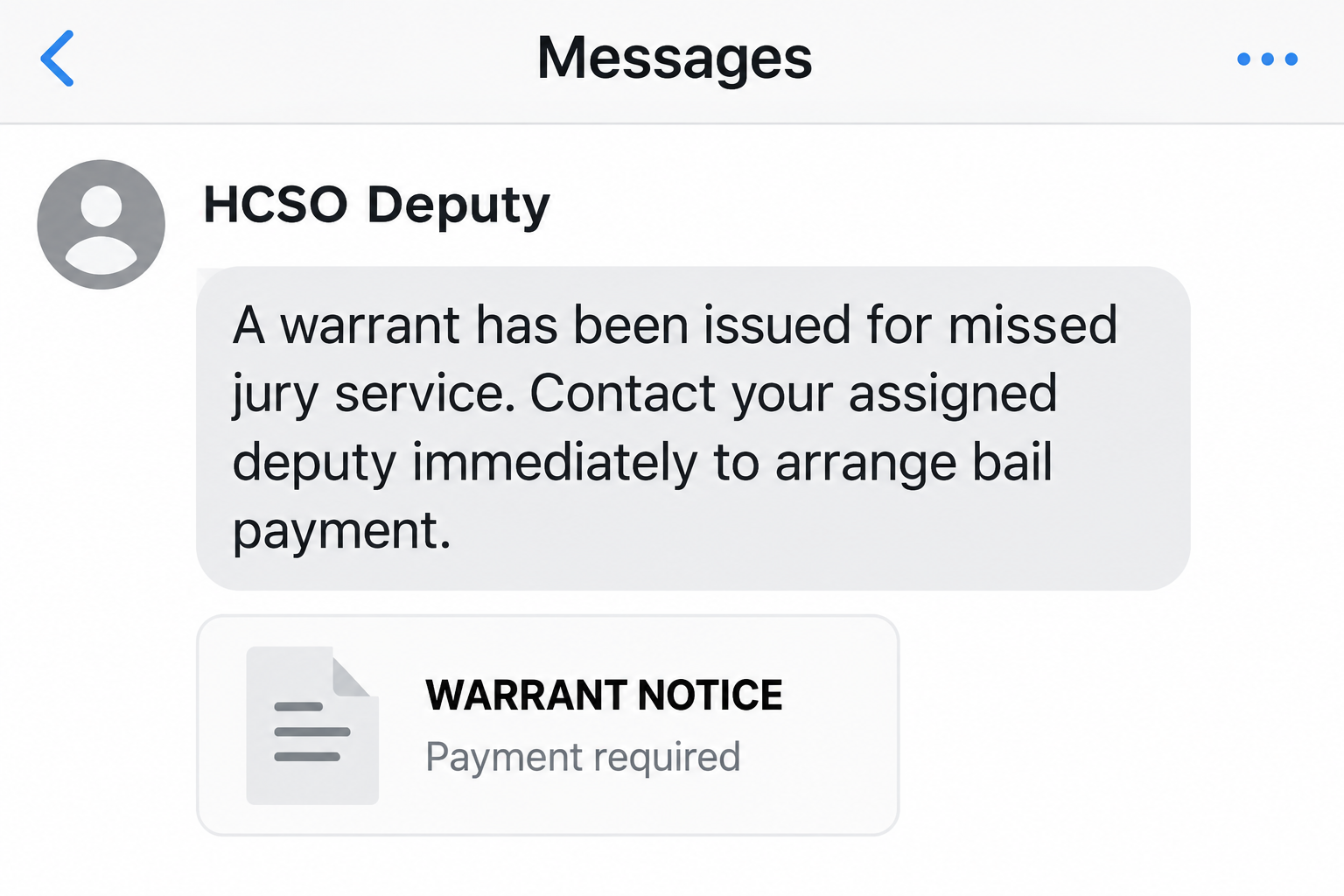 Generated illustration of a fake HCSO deputy message with a warrant attachment and bail payment demand