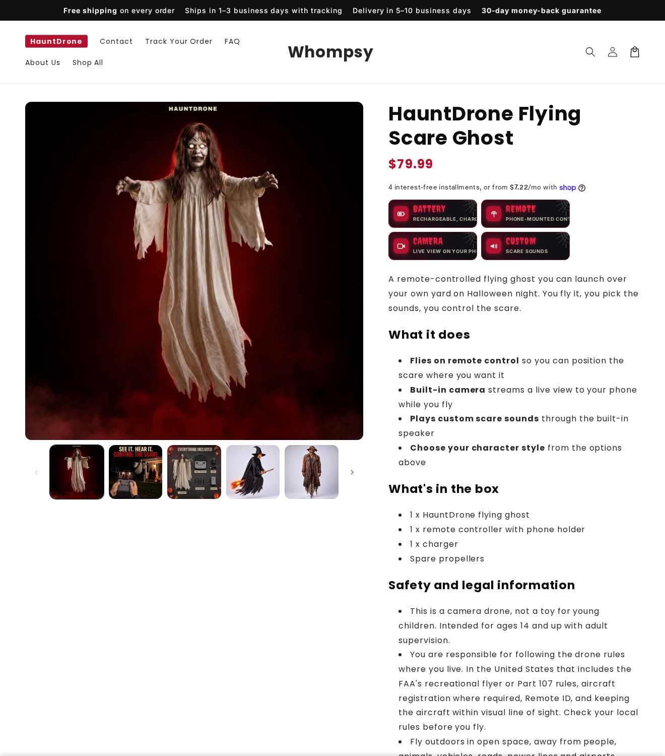 HauntDrone: Scam or Legit? Flying Ghost Claims and Refunds Investigated 2 Whompsy HauntDrone product page showing the separate flying ghost offer and included-feature claims