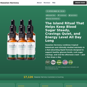 Hawaiian Harmony blood sugar drops promotion with island ritual headline and six bottle illustration