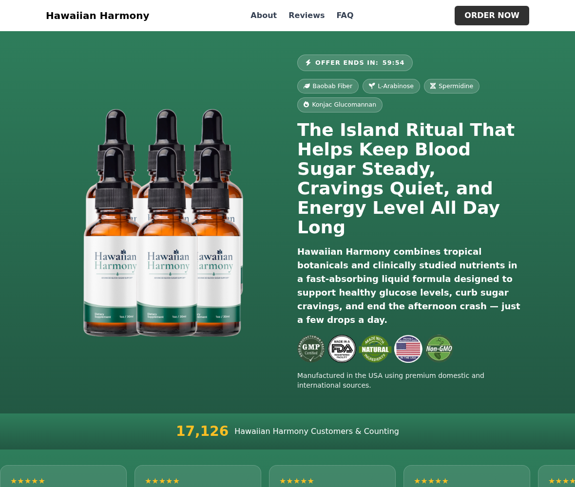 Hawaiian Harmony blood sugar drops promotion with island ritual headline and six bottle illustration
