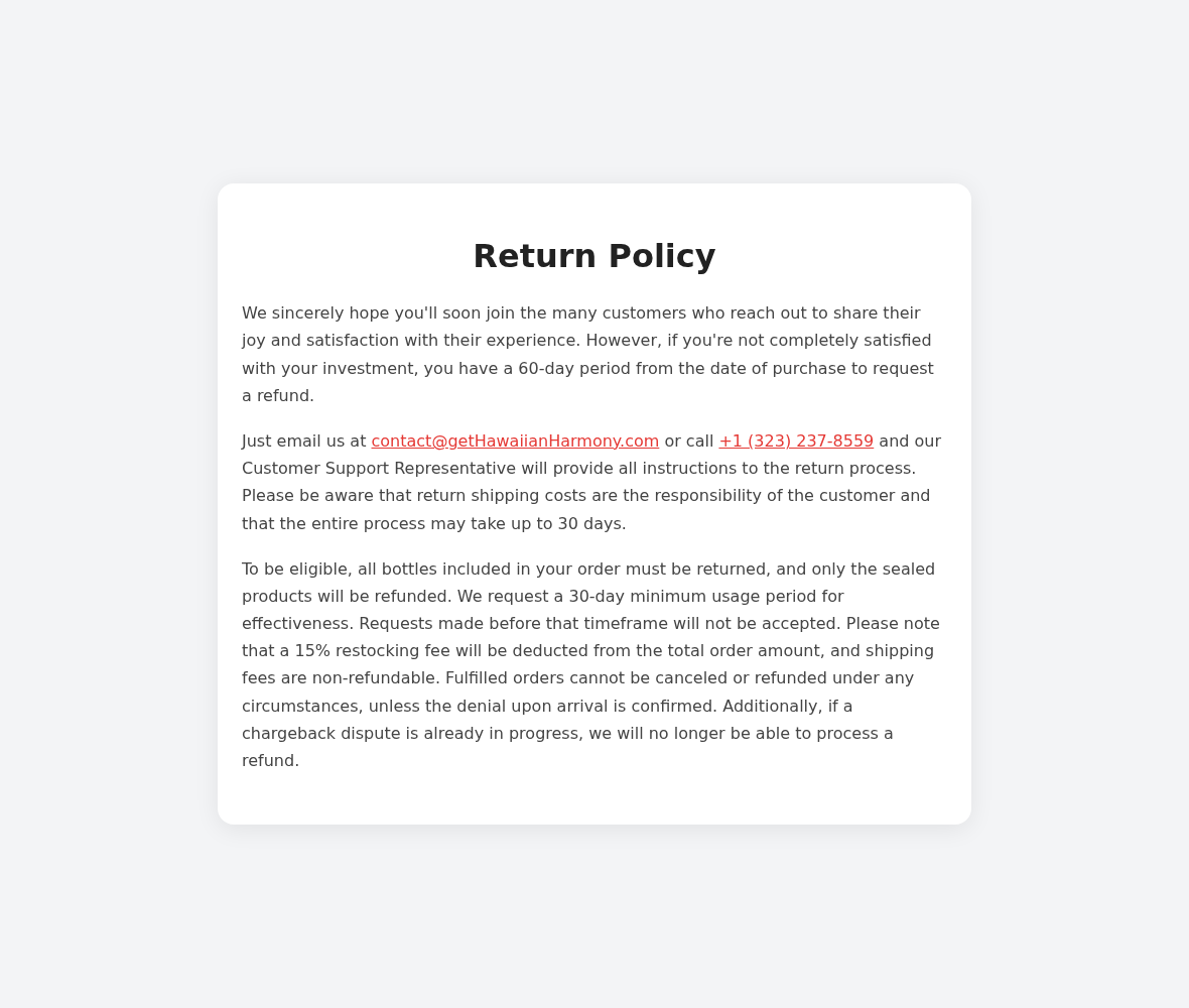 Hawaiian Harmony refund policy displaying sealed product restriction and 15% restocking deduction