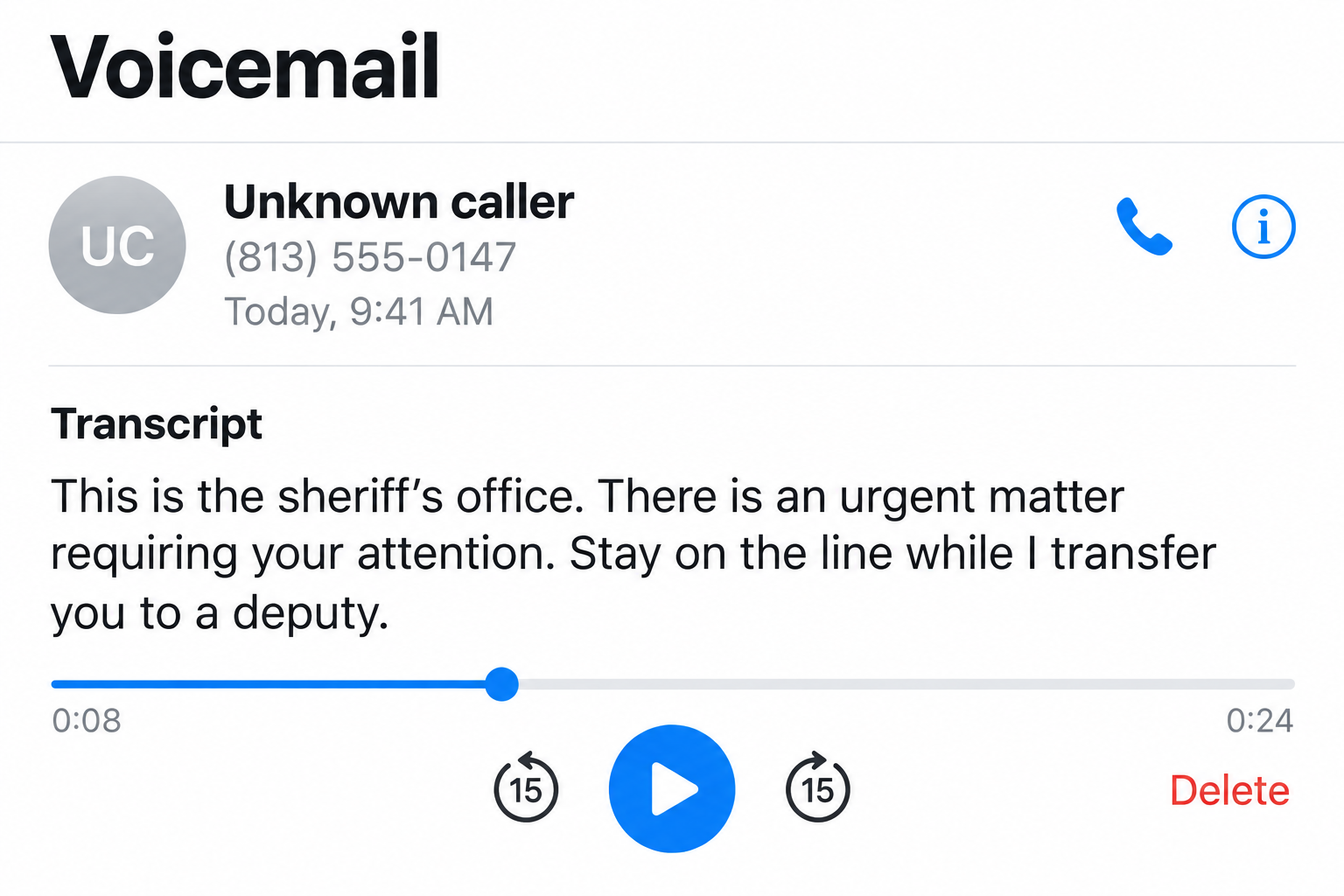 HCSO Phone Scam in Tampa: Fake Deputies, Arrest Threats and ATM Demands 1 Illustrative voicemail screen with fictional caller details showing a claimed sheriff office transfer to a deputy