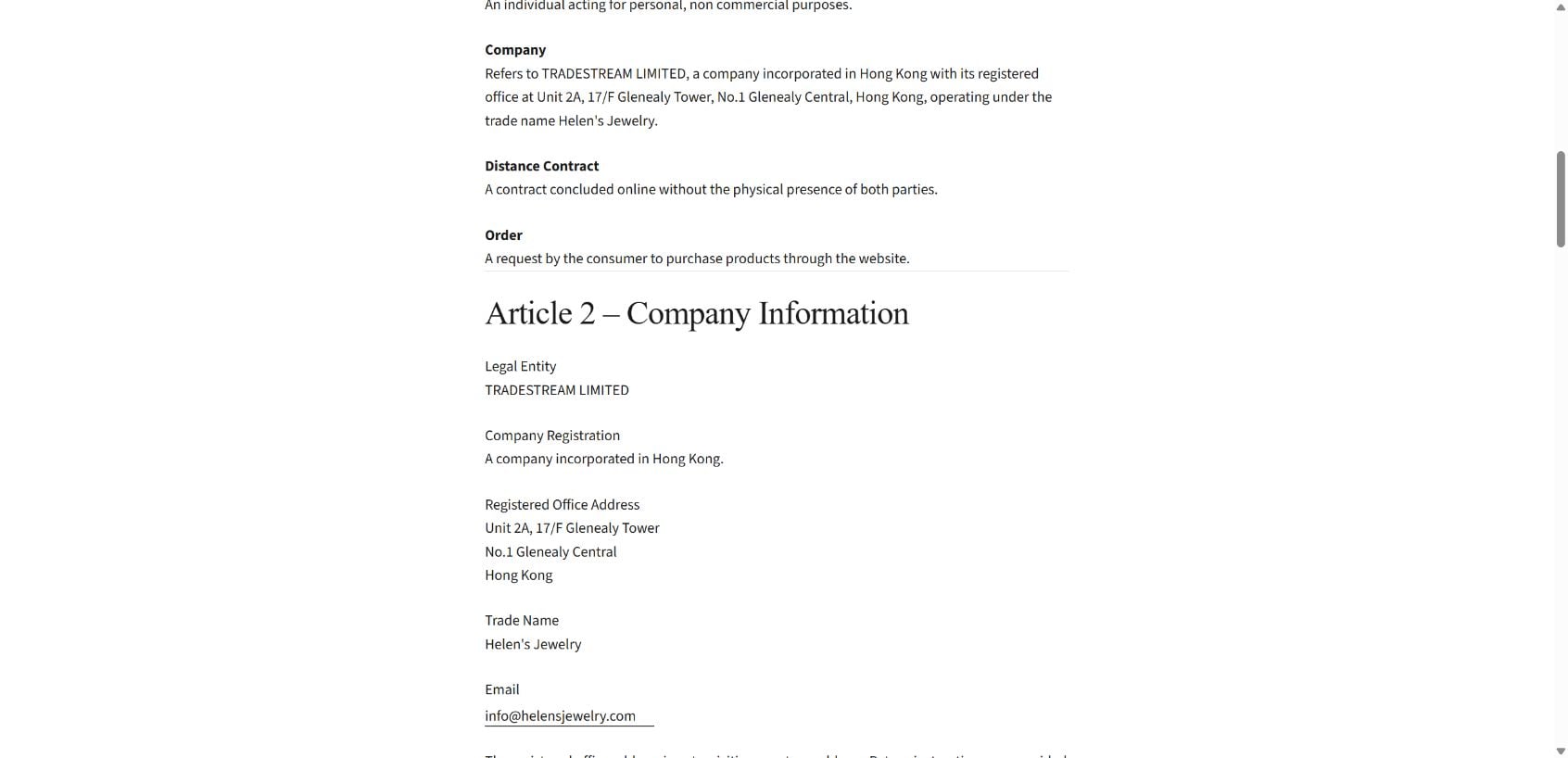 Helen's Jewelry Review: Copper Claims, Hong Kong Seller and Return Costs 2 Company terms at helensjewelry.com identifying TRADESTREAM LIMITED and its Hong Kong registered address