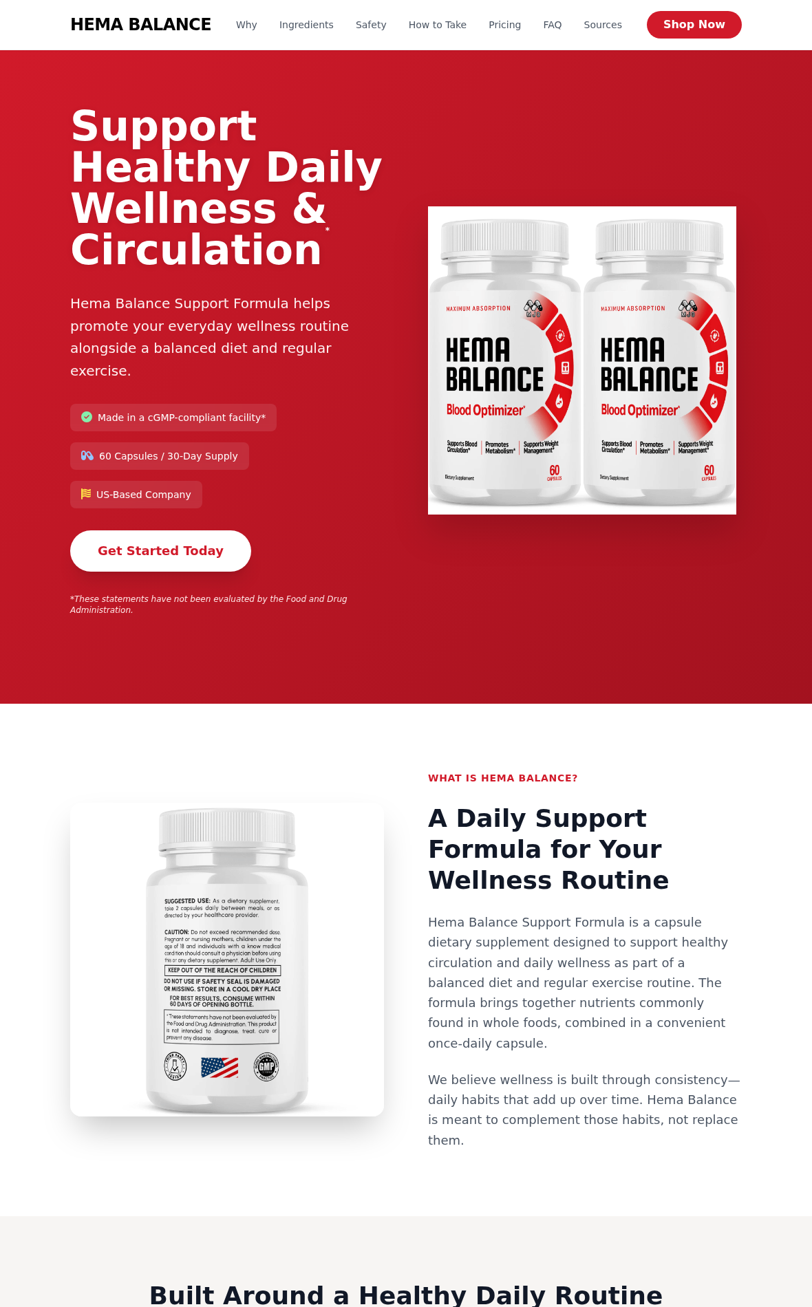 Hema Balance Review: Missing Ingredients and a Different Supplement Offer 1 Hema Balance supplement page promoting circulation support and a US-based company