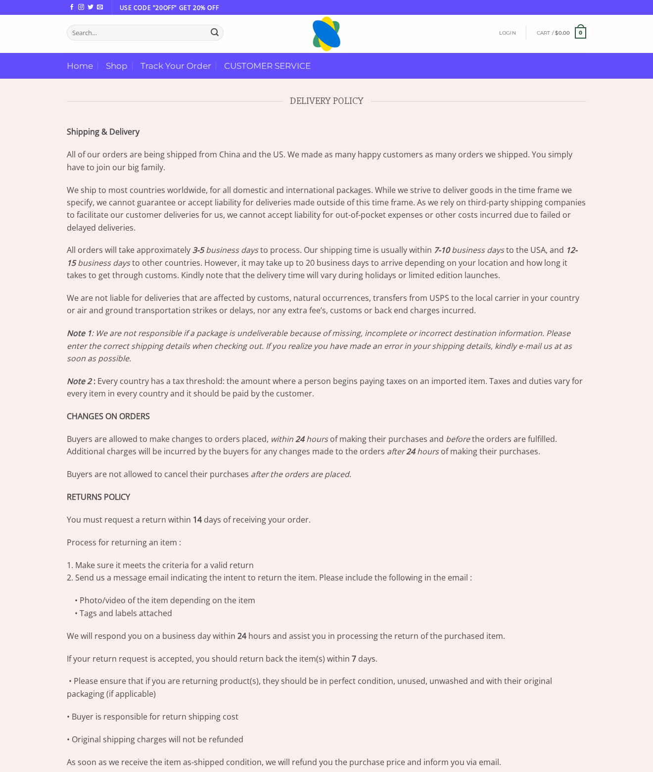 HHVB delivery policy describing dispatch from China and the US, order restrictions and return conditions