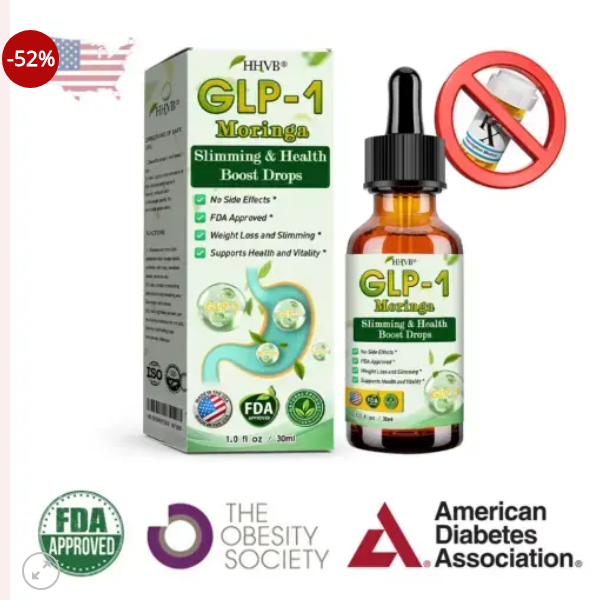 HHVB GLP-1 Moringa Drops product gallery showing the bottle, packaging, FDA approval graphic and medical organization logos