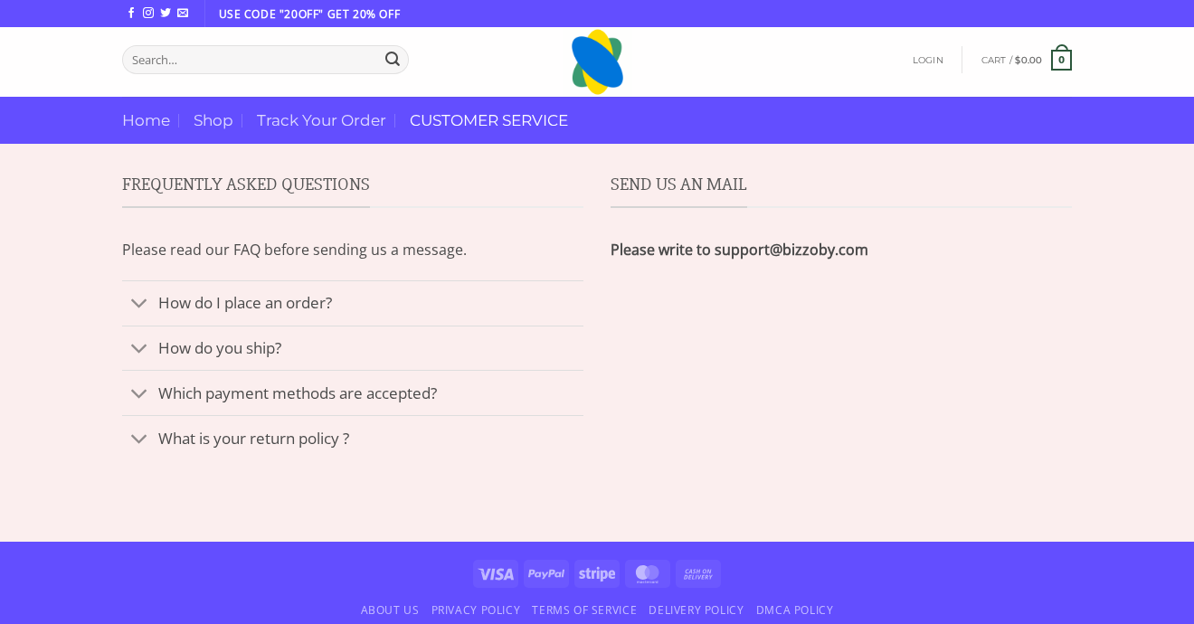 HHVB customer-service page publishing the support@bizzoby.com contact address
