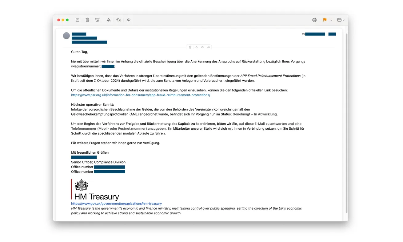 HM Treasury Refund Email Scam: The Fake Certificate Behind a Recovery Call 1 Original fake HM Treasury recovery email showing an approved-refund claim and request to reply with a telephone number