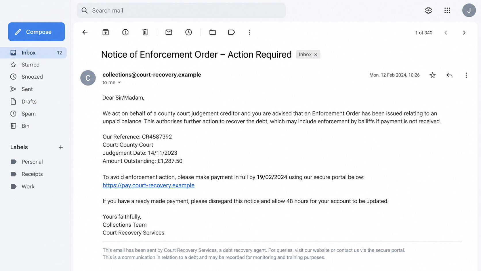 Illustrative court-debt email with a fictional payment destination