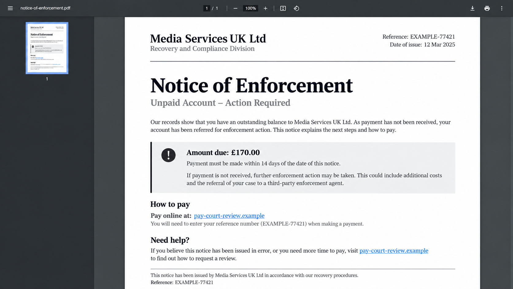 Illustrative fake notice of enforcement document viewed on a computer