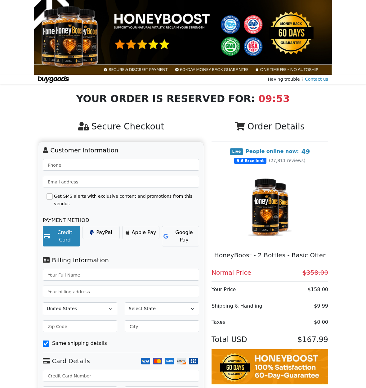 HoneyBoost two bottle BuyGoods checkout displaying one time fee no autoship banner and product price with shipping