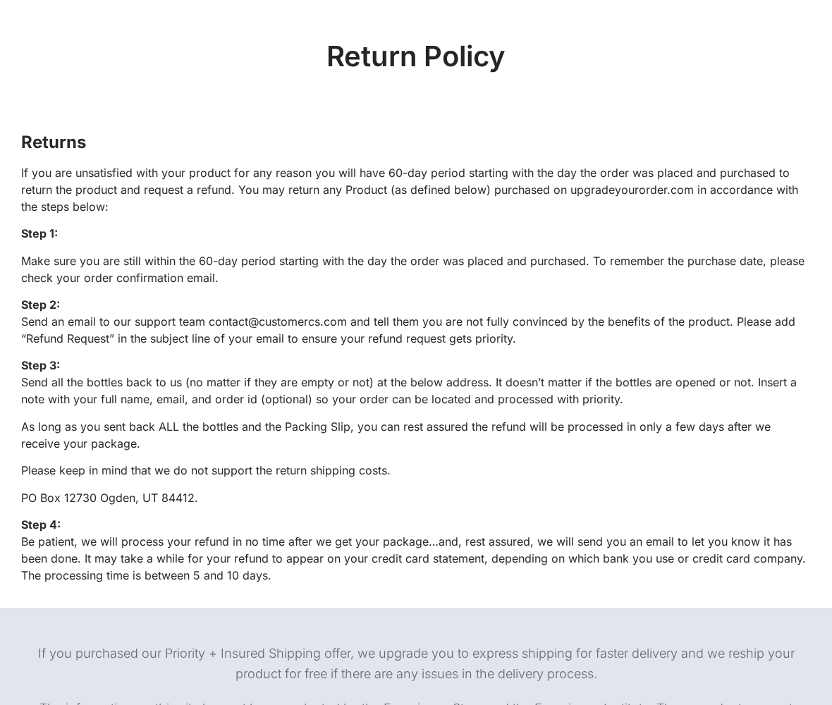 HoneyBoost linked return policy requiring all bottles and packing slip within 60 days from purchase with an Ogden post office box