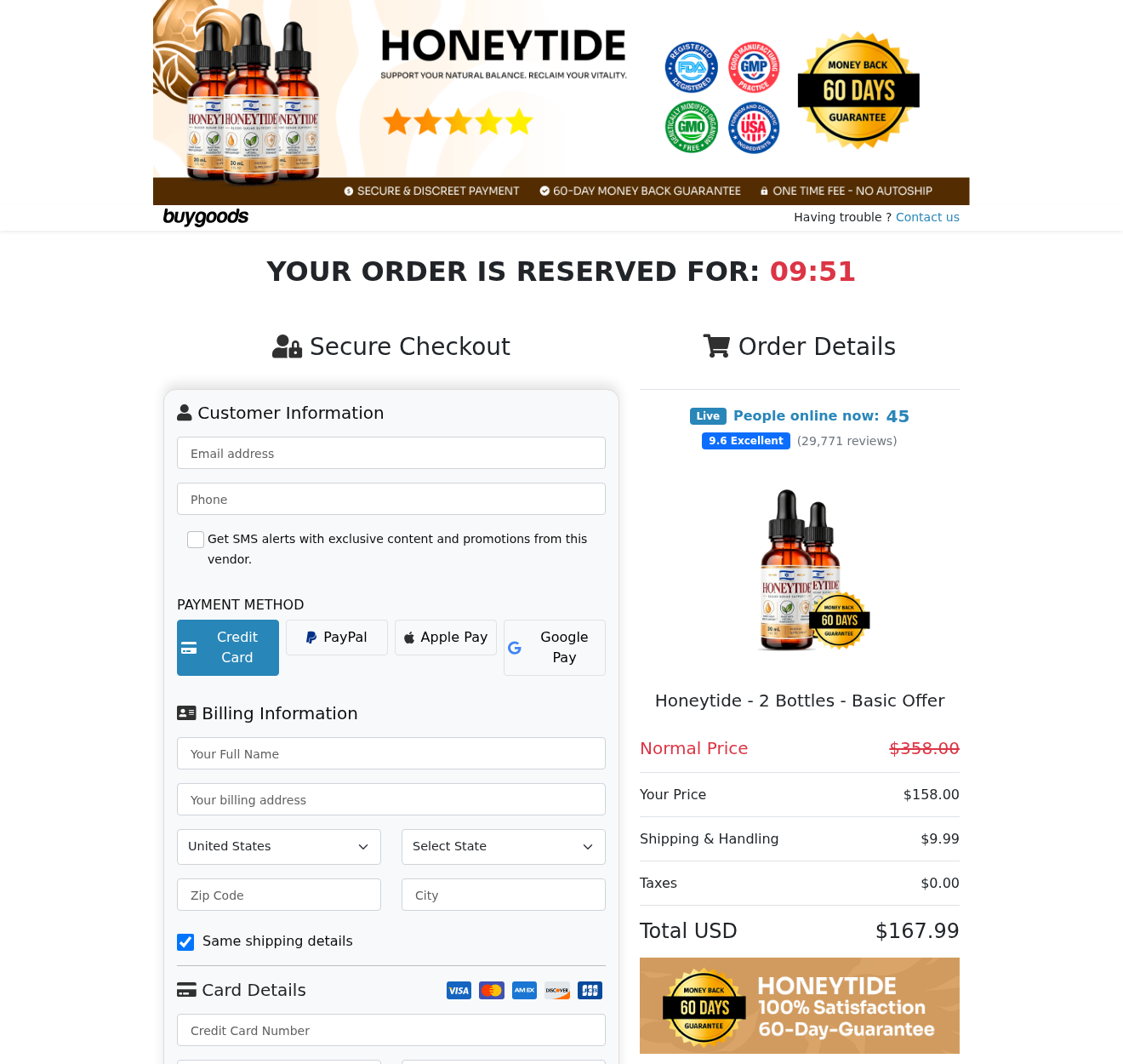 HoneyTide BuyGoods checkout showing two bottles, US$167.99 before address adjustments, and no-autoship wording