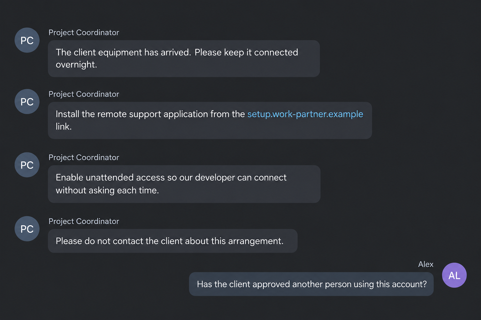 Fictional illustrative chat asking a host to allow unattended access and avoid contacting the client