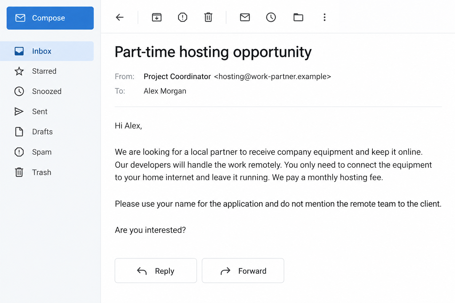 Fictional illustrative recruitment email requesting a laptop host and a borrowed identity