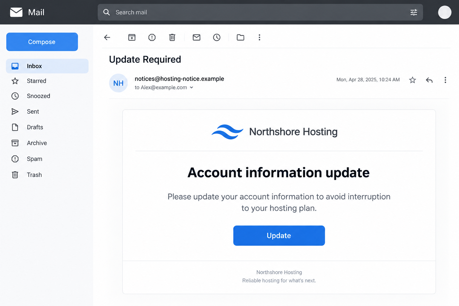 Original illustrative hosting account update email using a fictional company and example sender address