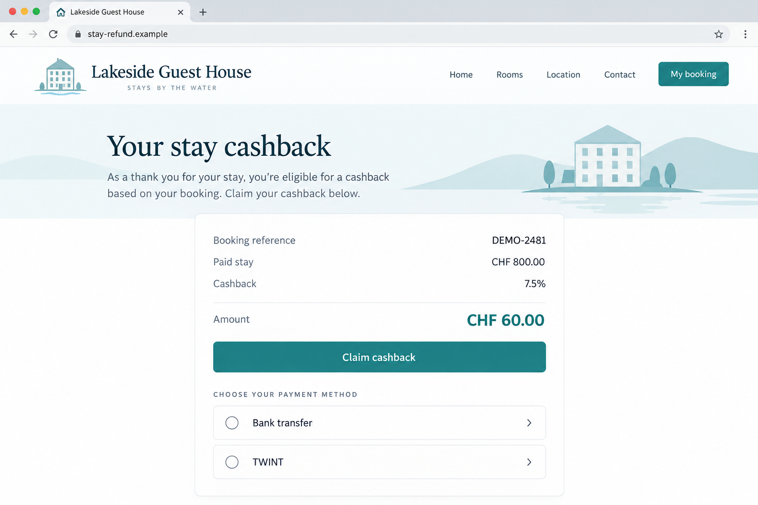 Hotel Cashback Scam: The 7.5% Refund That Targets TWINT and Bank Accounts 1 Illustrative hotel cashback page with a fictional property, booking reference and nonfunctional example domain