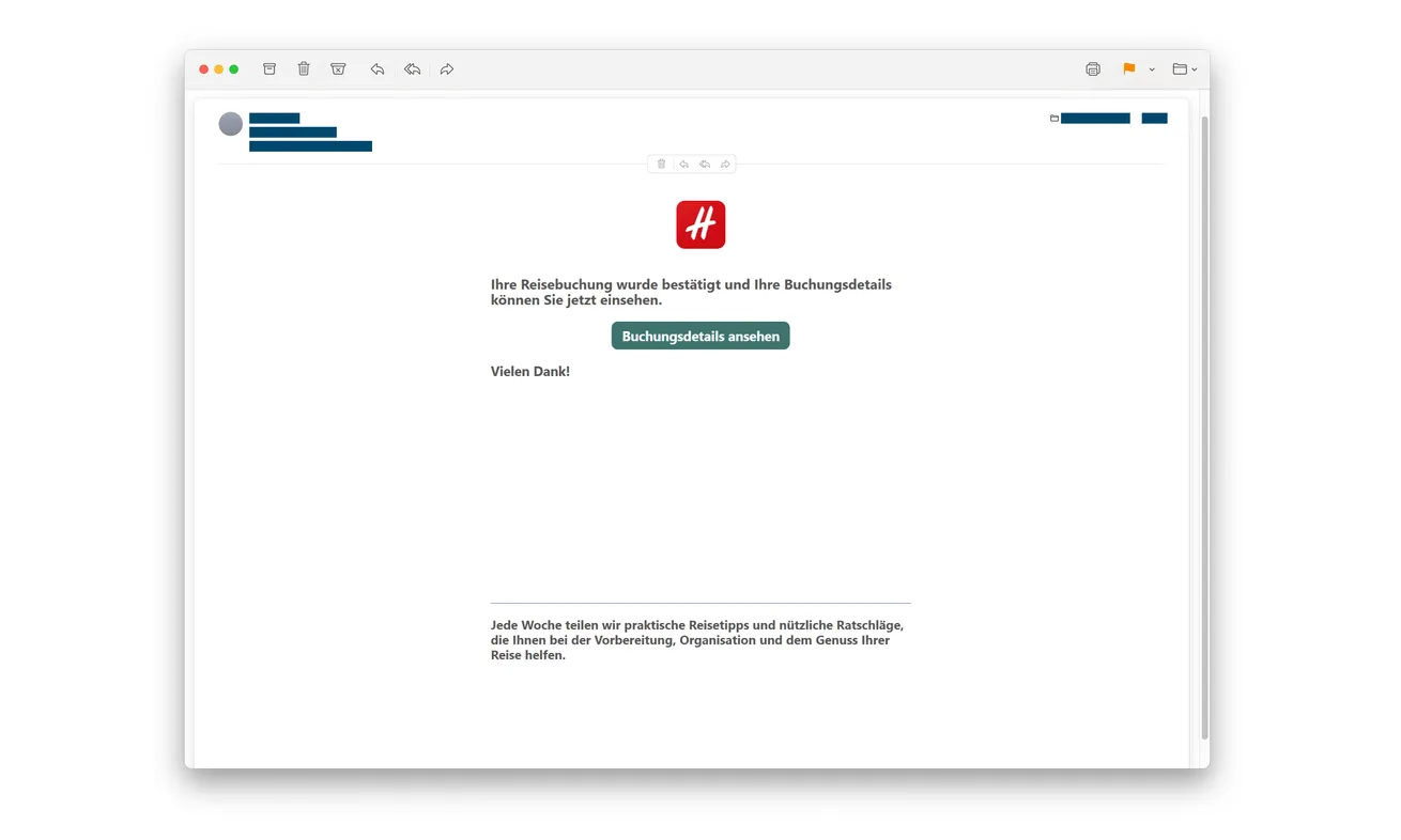 Hotelplan Refund Scam: A Fake Travel Booking Makes You Approve a Payment 1 Original fake Hotelplan travel-confirmation email published by police with a view-booking-details button and original redactions