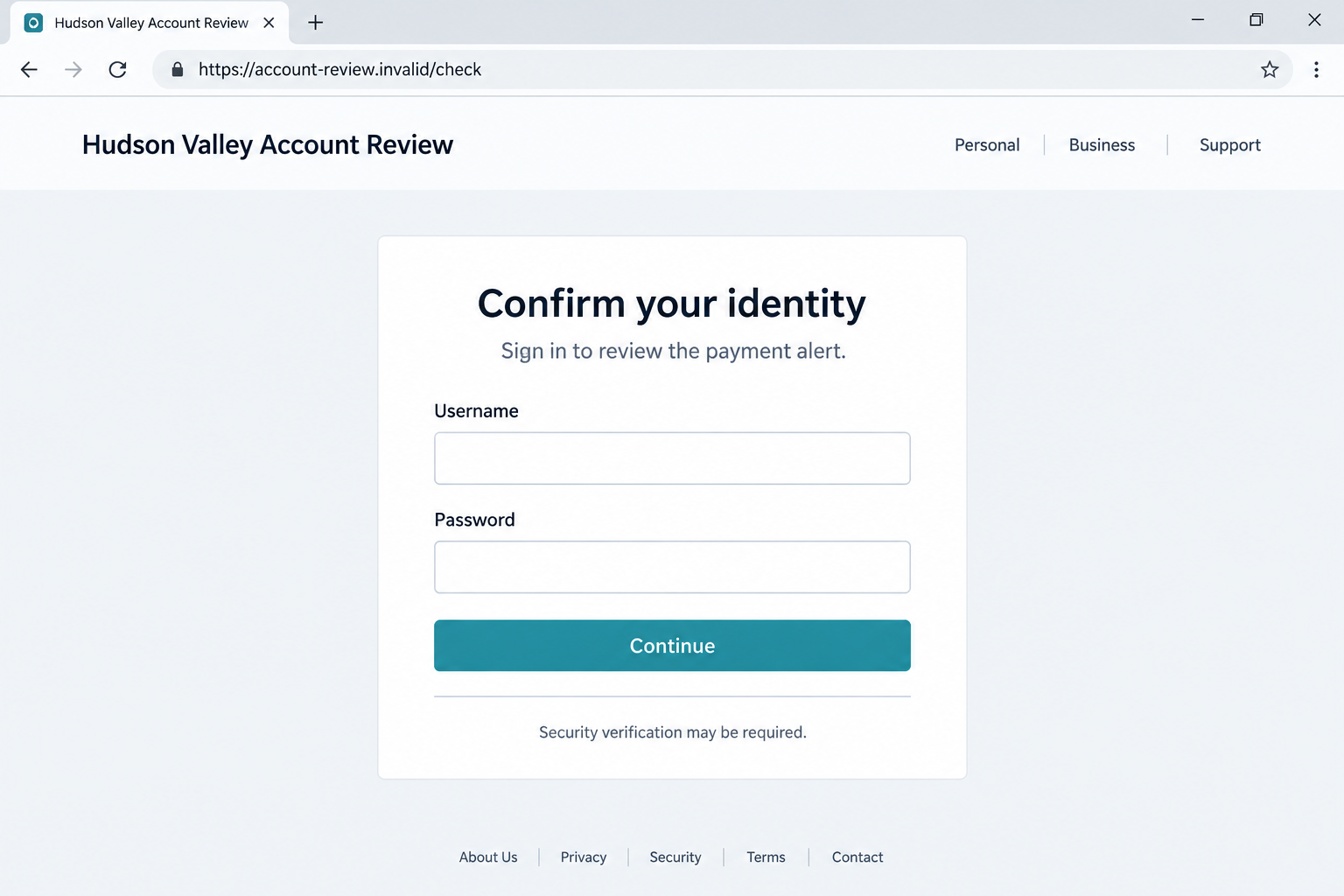Hudson Valley Credit Union Scam Texts: Fake Alerts and Security Code Theft 2 Illustrative fake Hudson Valley account-review sign-in page requesting a banking username and password