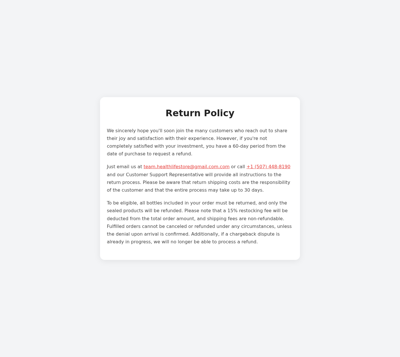 Hunter Caps return policy stating sealed-only refunds, a 15% deduction and customer-paid return shipping