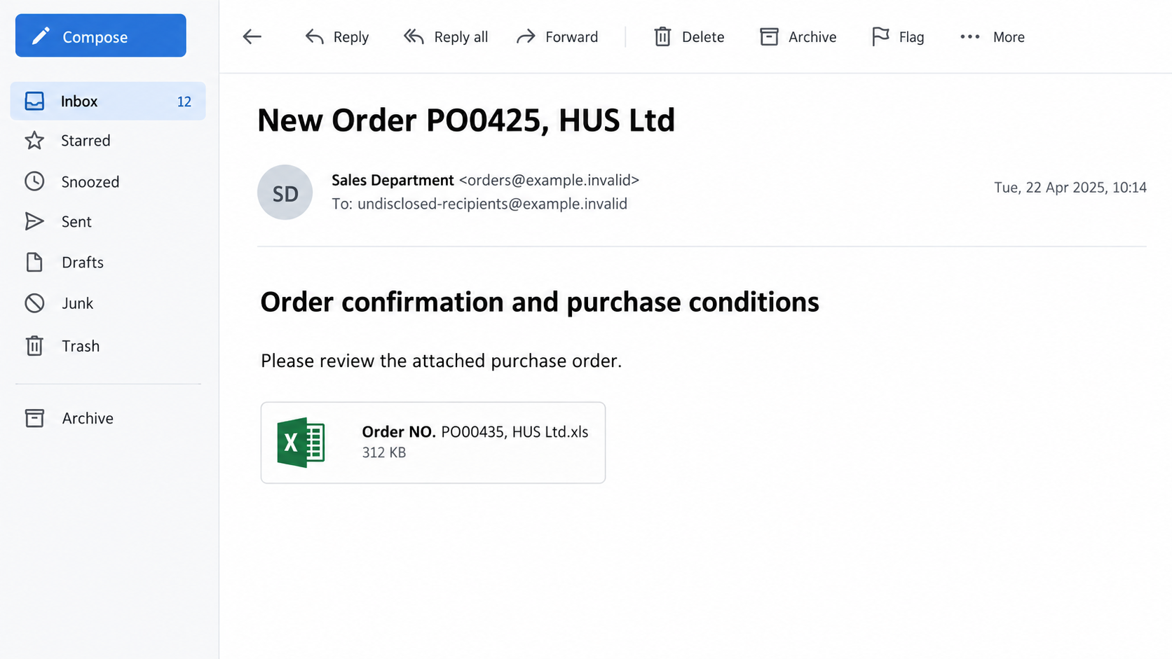 Illustrative HUS Ltd impersonation email with an unexpected purchase order spreadsheet attachment