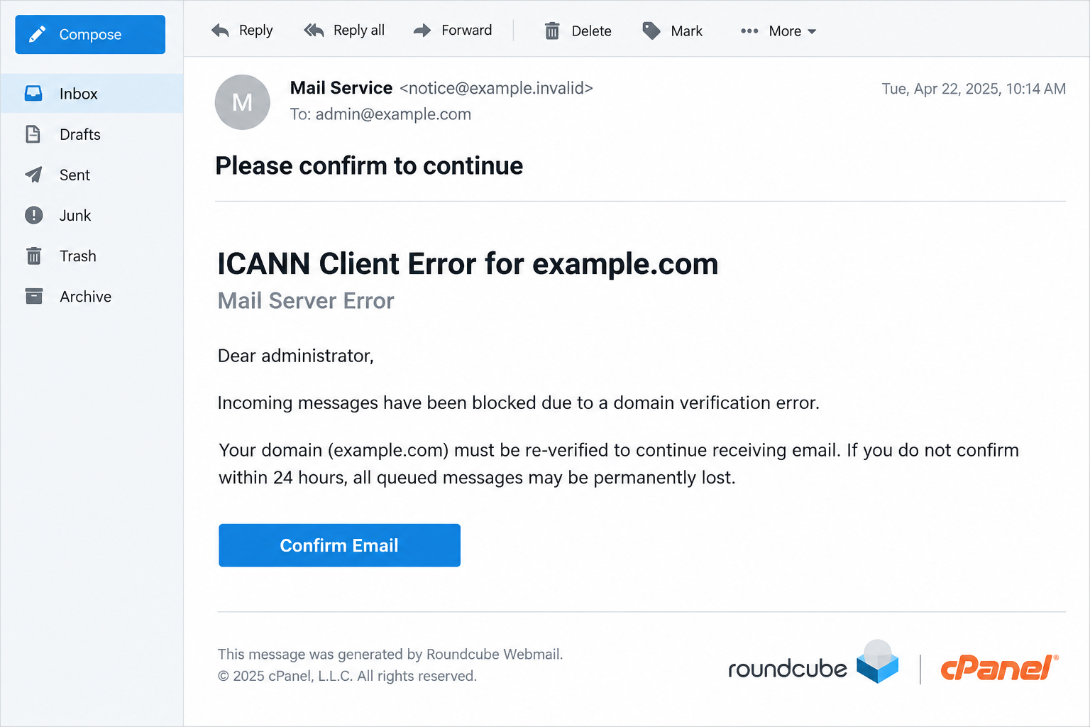 Illustrative ICANN Client Error email claiming blocked incoming messages and threatening queued-mail loss within 24 hours