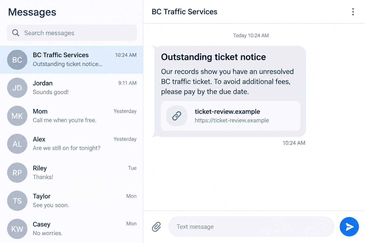 Fictional screen reconstruction of a British Columbia unpaid traffic ticket text with an unrelated payment link